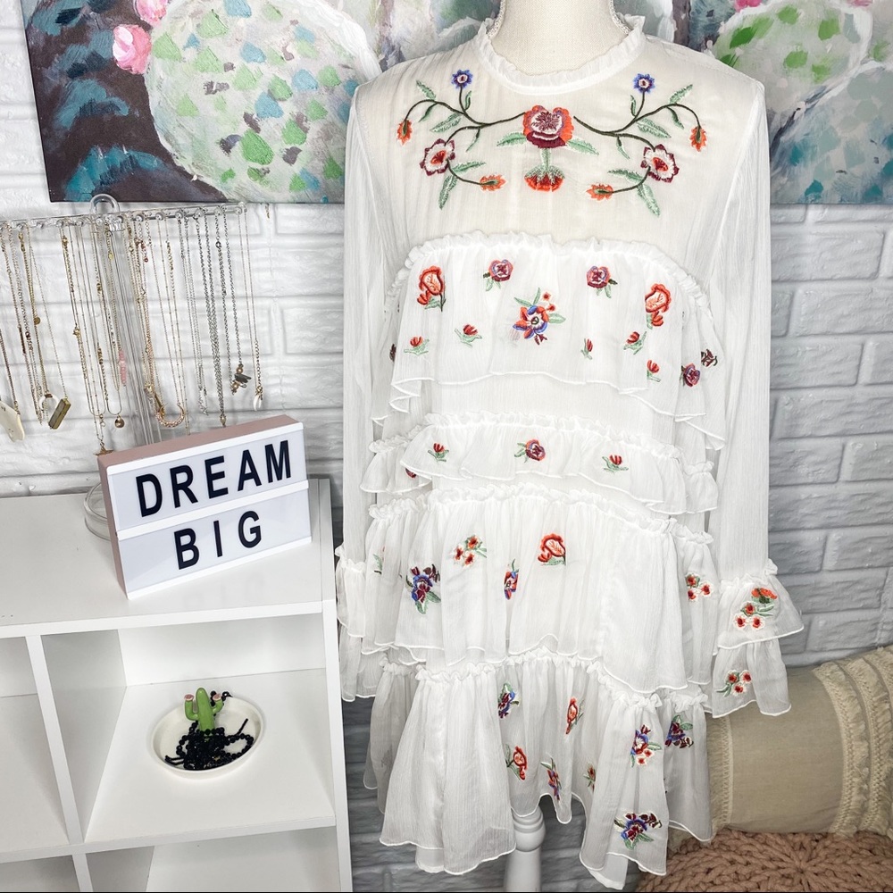 Vici White Embroidered Ruffle Tier Dress